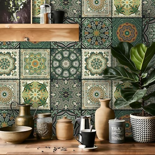 TOARTI 18 Stück Grün Fliesenaufkleber Mosaik Wandfliese Aufkleber Küche Wandaufkleber 15×15cm PVC Fliesensticker Fliesen Marokko Selbstklebende Tapete für Badezimmer Schrank Möbel Tisch
