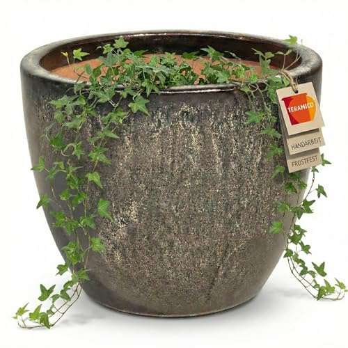 Teramico Premium planteringskruka keramisk glaserad – 100 % frostbeständig och handgjord. Blomkruka med hål för utomhus- och inomhusbruk. Högkvalitativ ytterkruka unik vintersäker (brun, 29 cm x 23 cm