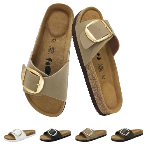 chetoria Sandales Mules Femme Cuir Véritable Semelle Liège Boucle Taupe 39