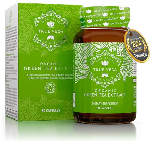 Organic Green Tea Extract Capsules - Certified Organic by Soil Association | 100% Natural Supplement | Natural Low Caffeine Source | Vegan | Ayurveda | 60 Easy Swallow Green Tea Tablets | Made in UK