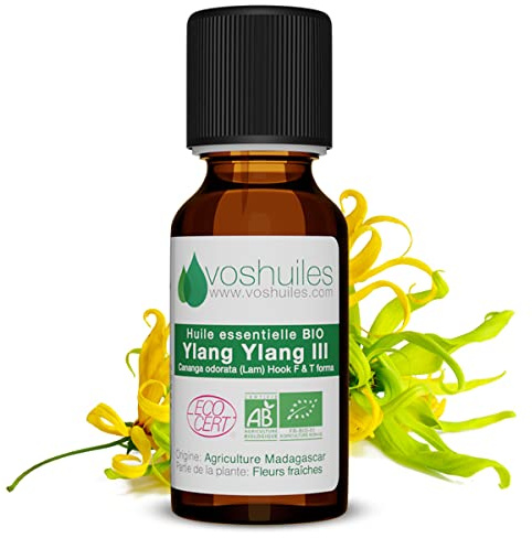 VOSHUILES - Huile Essentielle Ylang Ylang III - Parfum Floral aux Notes de Jasmin - 100% Pure, Naturelle et Chémotypée - Flacon avec Compte-Gouttes - 20ml