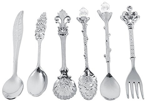 Uppsättning av 6 bestick vintage sked dessert kaffe omrörningssked tesked is sked frukt gaffel kunglig stil metall mini snidad disk frukt sked för kök matsal bar söta snacks (silver)