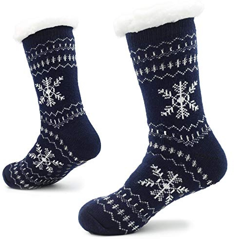 CityComfort Hausschuhe Slipper-Socken für Herren mit Sherpa-Wollschicht-Bettpantoffeln für den Menschen rutschfeste norwegische,Schneeflocke Blau,41/46 EU