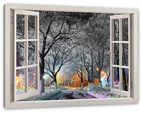 Pixxprint Baumallee im Winter, Fenster, Größe: 100x70cm, Leinwandbild, fertig gespannt, Wandbild, Dekoration, Kunstdruck, kein Poster