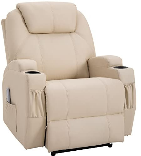 HOMCOM elektrischer Massagesessel Relaxsessel Fernsehsessel Massagefunktion Liegefunktion Kunstleder Holz Metall Schaumstoff Beige 82 x 97 x 110 cm