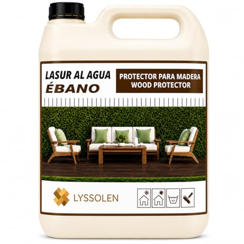 LYSSOLEN Lasur Protector Barniz Madera Exterior e Interior | Al Agua, Poro Abierto, Satinado Color Ébano | Impermeabilizante con Filtro UV para Terrazas, Vallas, Vigas y Muebles | 8 Años | 1 Litro