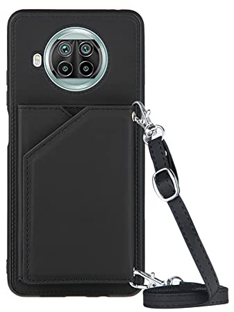 PekaTech Handykette für Xiaomi Mi 10T Lite 5G, PU-Leder Hülle- Handyhülle mit Band zum Umhängen - Klapptasche Handytasche Case mit Handy-Kette, Kartenfach und Portmonee, Schwarz