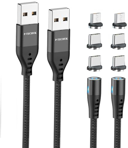P-TECHUK Magnetic Charging Cable, Mobile Phone Charging Cable, Nylon Braided Magnetic charger cable. 2 x 1M cable, 6 tips - Black