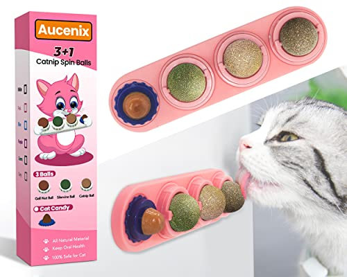 Aucenix Katzenminze Ball, 4 Stück Natürliche Spielzeug für Katzen Lecken, Drehbare Zahnreinigung Dental für Kätzchen (Rosa)