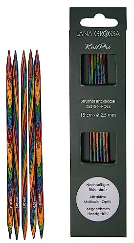 Lana Grossa Strumpfstricknadeln Holz | Nadeln aus Birkenholz, ergonomisch & farbenfroh | Ideal für Socken, Handschuhe, Mützen & feine Strickprojekte - 15/3,5
