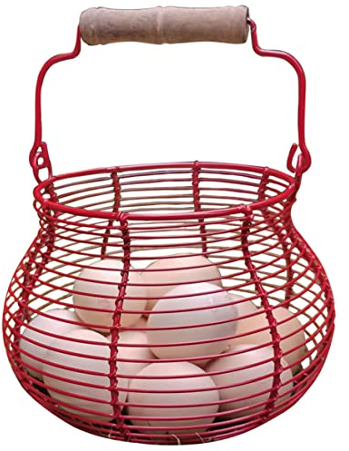 LINCOUNTRY. Farmhouse Wire Egg Basket for Gathering Fresh Eggs with Handle,Red Rustic Round Egg Collecting Baskets for Fresh Egg Container Refrigerator Countertop Holder Kitchen Storage Bin