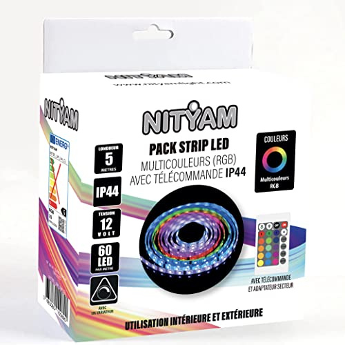 NITYAM Tira LED 5 Metros Multicolor (RGB) Con Mando a Distancia - IP44 Para Uso Interior y Exterior