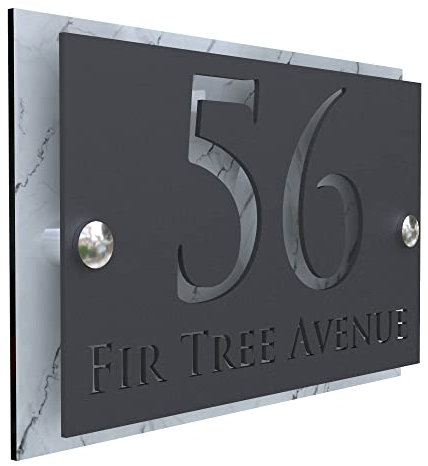 K Smart Sign | Simpatico | Modern laser Cut House Signs 3d effect door number address style sign plaques address numbers | 200mm x 130mm (White Marble & Matt Gray)