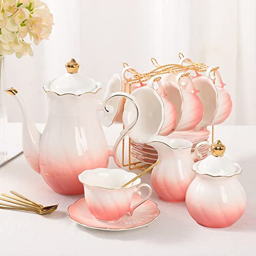 DUJUST 22-teiliges Porzellan-Teeset für 6 Personen, luxuriöses Tee-/Kaffeetassen-Set im britischen Stil mit goldenem Rand, schönes Tee-Set für Frauen, Teeparty-Set, Geschenkpaket (mit Ständer) -