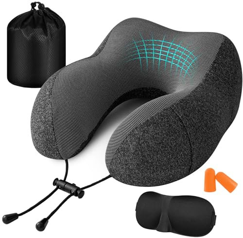 Jiancrate Nackenkissen Flugzeug, Reisekissen Memory Foam, Ergonomisch Gestaltetes Nackenhörnchen, Nackenkissen Reise mit Schlafmaske, Ohrstöpsel, Tasche, Ideal für Reisen, Flugzeug, Auto, Büro