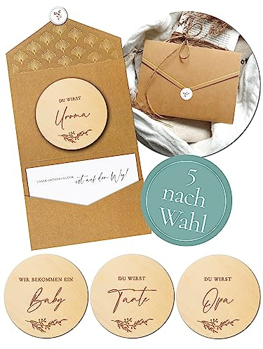 Joli Coon 5 nach Wahl Holzscheiben mit Kuvert, Schwangerschaft verkünden | Schwangerschaft verkünden, Strukturiertes Designerpapier, Natur-Klappkuvert, Platz für persönliche Worte, Premium-Papeterie
