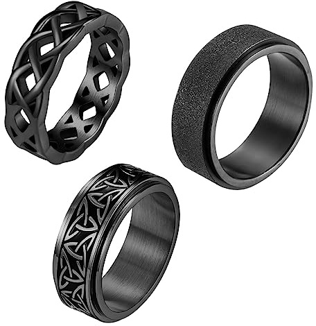 Flongo 3 Stücke Fidget Ringe Set breit 8mm Edelstahl mit keltische Knot drehbar Spinner Ring Anti Angst Bandring Wikinger Zappelring Geschenk für Freund Damen Herren Fingerring schwarz
