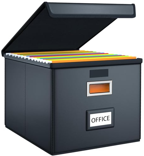 Finew Scatole per documenti portatili aggiornate, in pelle con scivolo in plastica, scatola portaoggetti con coperchio per organizer per cartelle, scatola pieghevole in lino da appendere (nero)