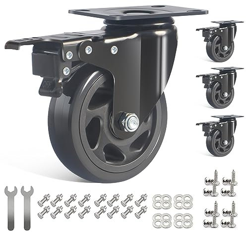 IQWTU Ruote per Mobili Pesanti da 100MM, Ruote per Carrello con Freno Carico 600kg, Set di 4 Rotelle Girevoli per Mobili Rotanti a 360°, Ruota Pesanti Rotelle in PU Silenziose e Resistenti
