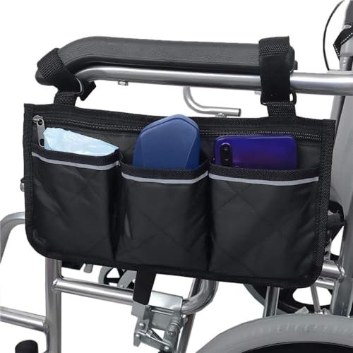PAIKIUU Wheelchair Armrest Storage Bag with Pockets and Reflective Strip for Mobility Scooter and Walking Frame