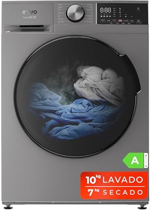 EVVO Lavadora secadora 10 kg + 7 kg, Vapor, Motor Inverter, Lavado y Secado en 1 Hora, Tambor ePROTECT, Smart LOAD, 1400 rpm, Clase energética A, Carga Frontal, Nova (10/7kg, Inox)