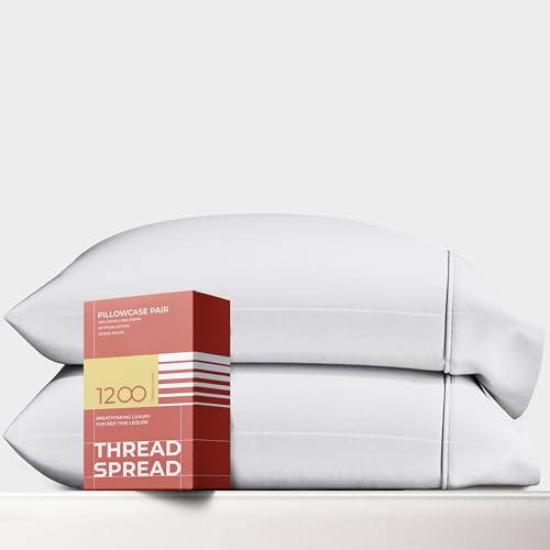 THREAD SPREAD 100% Egyptian Cotton King Size Pillow Cases Set of 2 - Luxury 1200 Thread Count Pillow Cases King Size (White), Soft Cooling Envelope Closure Hotel Quality Egyptian Cotton Pillowcases