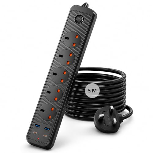 5M Extension Lead with USB Slots (2 Type C and 2 USB) | Extension Lead 5M Overload Protection, 5 Plug 5 metre extension lead for Home Dorm Office Extension(Black)