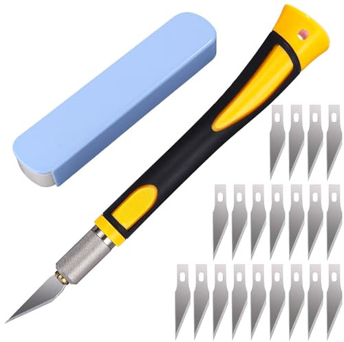 LEAZZLE Set di Taglierino di Precisione de 22 Pezzi, Cutter di Precisione con 20 Lame Taglierino di Olio Antiruggine, Bisturi Modellismo di Gomma Antiscivolo, Coltelli per Arte, Hobby, Sculture,Giallo