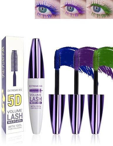 5D Mascara Waterproof Blu Viola Verde, 3pcs Mascara Volume Effetto Ciglia finte | 5D Mascara Waterproof, Mascara Colore Volume Effetto Ciglia finte e Lunghezza, Lunga Tenuta Curva, Cofanetto Trucco Donna
