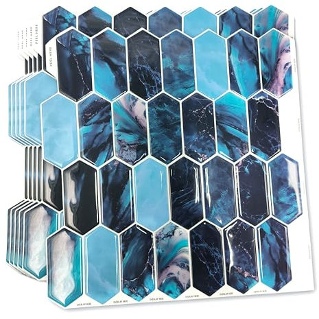 WALPLUS 3D Carrelage Adhesif Mural Cuisine 30.5x30.5cm Peler et Coller Carrelage Adhesif Mural Salle de Bain Marbre Bleu Crédence Adhésive Cuisine Mise à Jour Stickers Muraux Cuisine Lot de 6