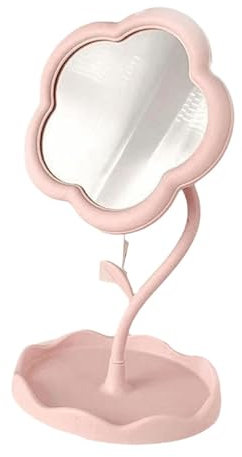 Miroir de Maquillage pour Bureau, Vanité En Forme de Fleur, Miroir de Vanité de Table, Réglable avec Rangement Miroir de Bureau, Portable Miroir Table pour Dortoir, Coiffeuse, Salle de Bain, Rose