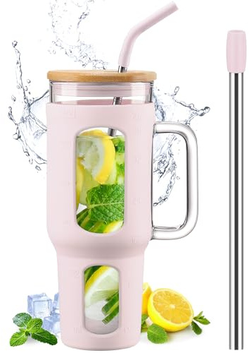 BLUEGO Glass Tumbler with Lid and Straw, 1400ml Iced Coffee Cup with Handle, Glass Water Bottles with Silicone Sleeve, 1.4L Glass Cup with 2 Straws, BPA Free, Pink