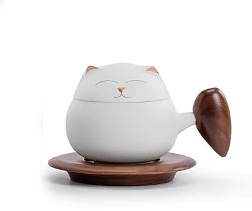 MESCXTY Ceramic Coffee Mug and Wooden Saucer Set, 180 ML Unglazed Ceramic Cup with Wooden Handle for Espresso Latte Cappuccino Tea, Cat