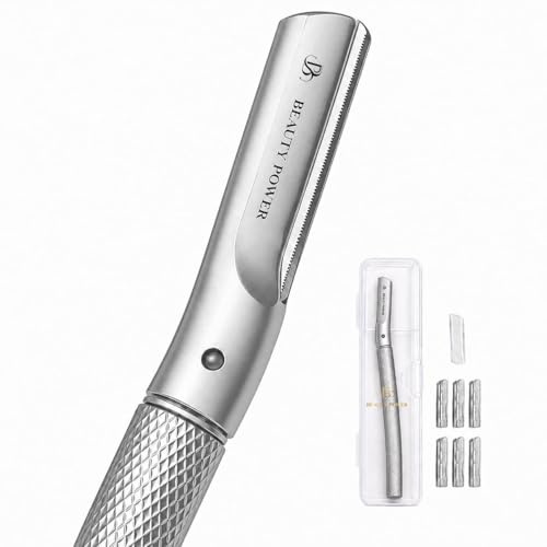 Beauty Power Eyebrow Razor with 6 Blades & Travel Case – Face Razors for Women & Men, Eyebrow Trimmer Shaper with Precision Cover, Facial Shaver & Dermaplaning Tool for Smooth Skin (Silver)