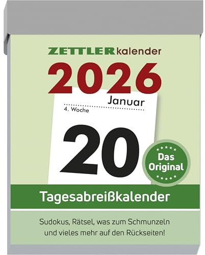 Zettler Tagesabreißkalender M 2026 – Abreißkalender 5 × 7 cm, 1 Tag pro Seite mit Sudoku, Sprüchen, Rätseln & Rezepten auf den Rückseiten, FSC-zertifiziert