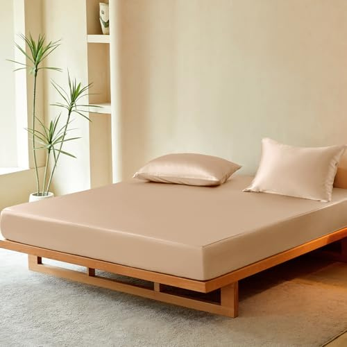 THXSILK Luxury Mulberry Silk Fitted Sheet Set 3 Pcs, Queen Silk Bed Sheet Set with 16 Deep Pockets, Soft & Cooling Sheets, 1 Fitted Sheet, 2 Pillowcases with Zipper Closure - Champagne