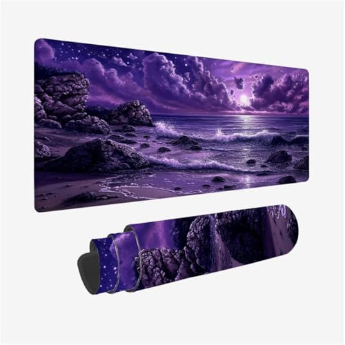 Mauspad Strand Muster Design, Lila Mousepad XXL 120x60cm, Schreibtischunterlage mit Rutschfeste Gummibasis, WassXerdicht Mouse Pad Schreibtisch Zubehör für Büro Deko, Geschenke für Frauen,Model535