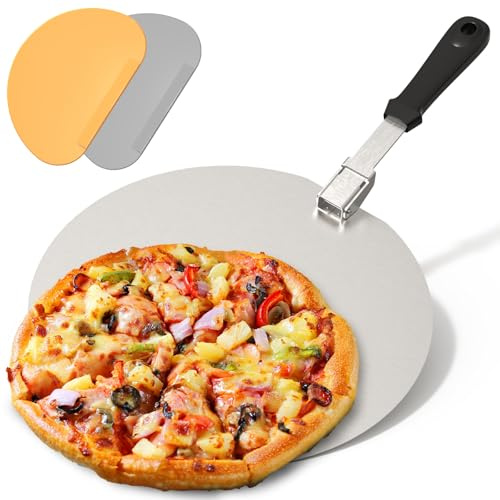Pizza Peel with Foldable Handle and 2 Scrapers, Stainless Steel Pizza Paddle, 11.8-inch Round