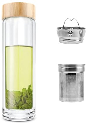 COMI Tea Bottle, Borosilicate Glass, Double Wall Glass Portable Travel Mug Tea Tumbler Water Bottle, Infuser & Strainer, Bamboo Lid, 14 oz,400ml