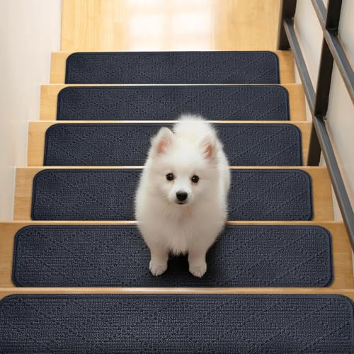 Homwiz Tapis d'Escalier Antidérapant 76x20cm, Lot de 15 Marchettes d'Escalier Autocollantes Intérieur, Moquette Escalier Réutilisable Découper pour Protéger Animaux, Seniors, Enfants (Gris Foncé)