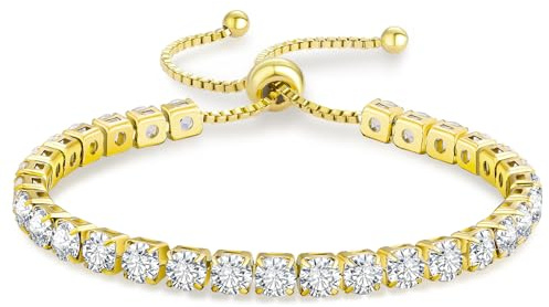 KRKC Adjustable Tennis Bracelet for Women, Cubic Zirconia, 14K White Gold Plated, Elegant Gift for Her, CZ Bracelet for Wife, Birthday & Mother's Day Jewelry with Gift Box
