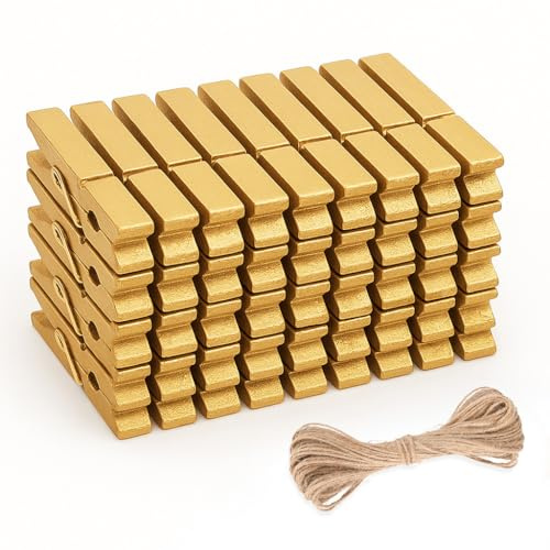 jijAcraft 7.2CM Gold Wooden Pegs: 50PCS Clothes Pegs for Washing Line | Wooden Washing Peg, Strong Laundry Peg for Arts and DIY Crafts, Hanging Photo, Socks, Baby Clothes, Christmas Decorations