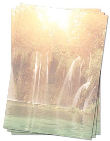 Motivpapier Briefpapier (Natur-5086, DIN A4 100 Blatt) Wassfall im grünen sonnendurchfluteten Wald und See