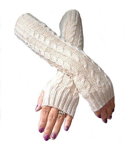 Alpacaandmore natur weiße lange Damen Armstulpen fingerlose lange Handschuhe Zopfmuster Alpakawolle (weiß)