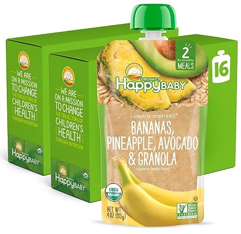 Happy Baby Organics Clearly Crafted Stage 2 Baby Food Bananas, Pineapples, Avocado & Granola, 4 Ounce Pouch (Pack of 16) (Packaging May Vary)