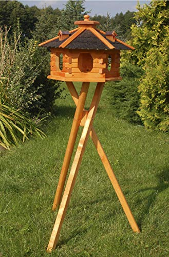 Vogelhäuschen, Vogelhaus mit Bitumschindeln, behandelt, Futtervogelhaus, Verschiedene Dachfarben sowie Vogelhausständer wählbar (dunkel mit Ständer)