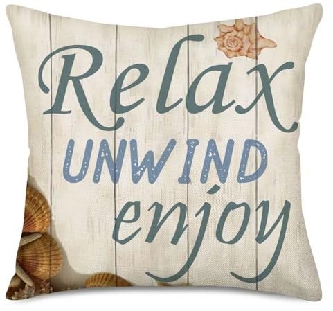 Smilyard Retro Wood Grain Throw Pillow Covers Quote Relax Unwind Enjoy Decorative Pillow Case Cotton Linen Shell Pattern Pillow Covers Decor Coastal Country for Home Sofa 18x18 Inch (WQ 05)