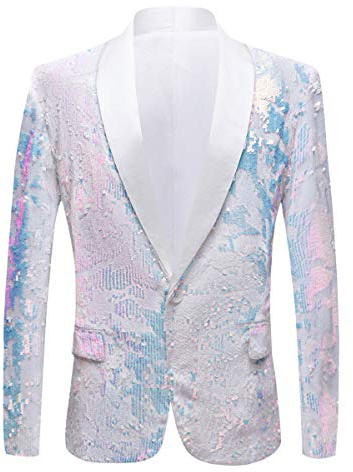 PYJTRL Men Fashion Velvet Sequins Floral Pattern Suit Jacket Blazer (White, M)