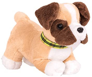Our Generation - Boxer Welpe aus Plüsch mit gelbem Halsband, dreifarbiges Fell, beweglich, abnehmbare grüne Leine, 15cm - ab 3 Jahren - 45412