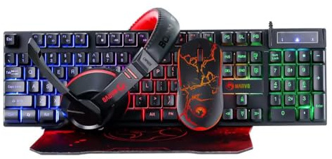 Marvo Scorpion CM409-UK 4-in-1 Gaming Bundle, Keyboard, Headset, Mouse and Mouse Pad, Wired USB 2.0, 7 Colour Backlit, Multimedia, Anti-ghosting Keys, 3200 dpi mouse with Noise Isolating Headset